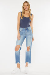 Kancan Women's High Waist Distressed Straight Mom Jeans - Vintage Style